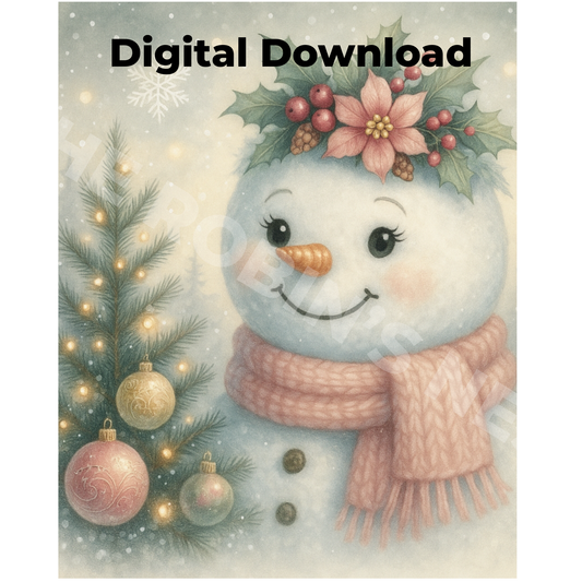 Pastel Snowlady with Pink Poinsettia Crown Printable Design | Digital Download PDF & PNG