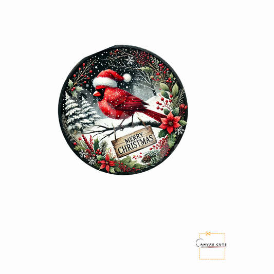 Circle Shape Red Cardinal in a Santa Hat with “Merry Christmas” Canvas Cut