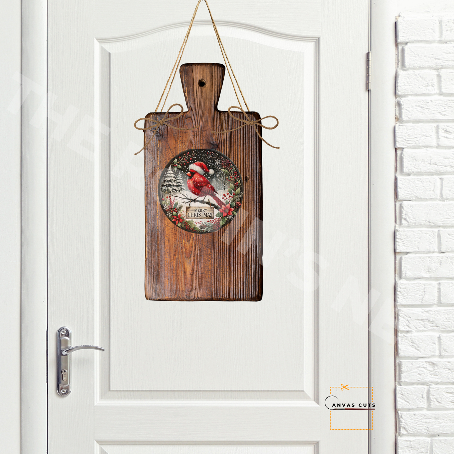 Circle Shape Red Cardinal in a Santa Hat with “Merry Christmas” Canvas Cut