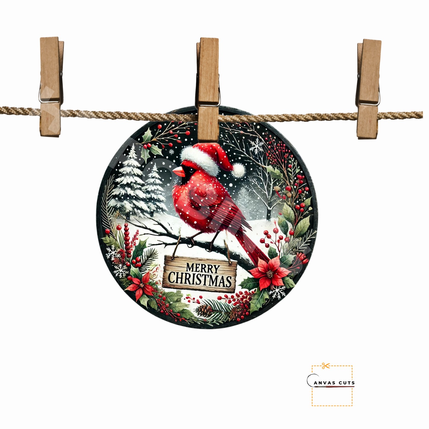 Circle Shape Red Cardinal in a Santa Hat with “Merry Christmas” Canvas Cut