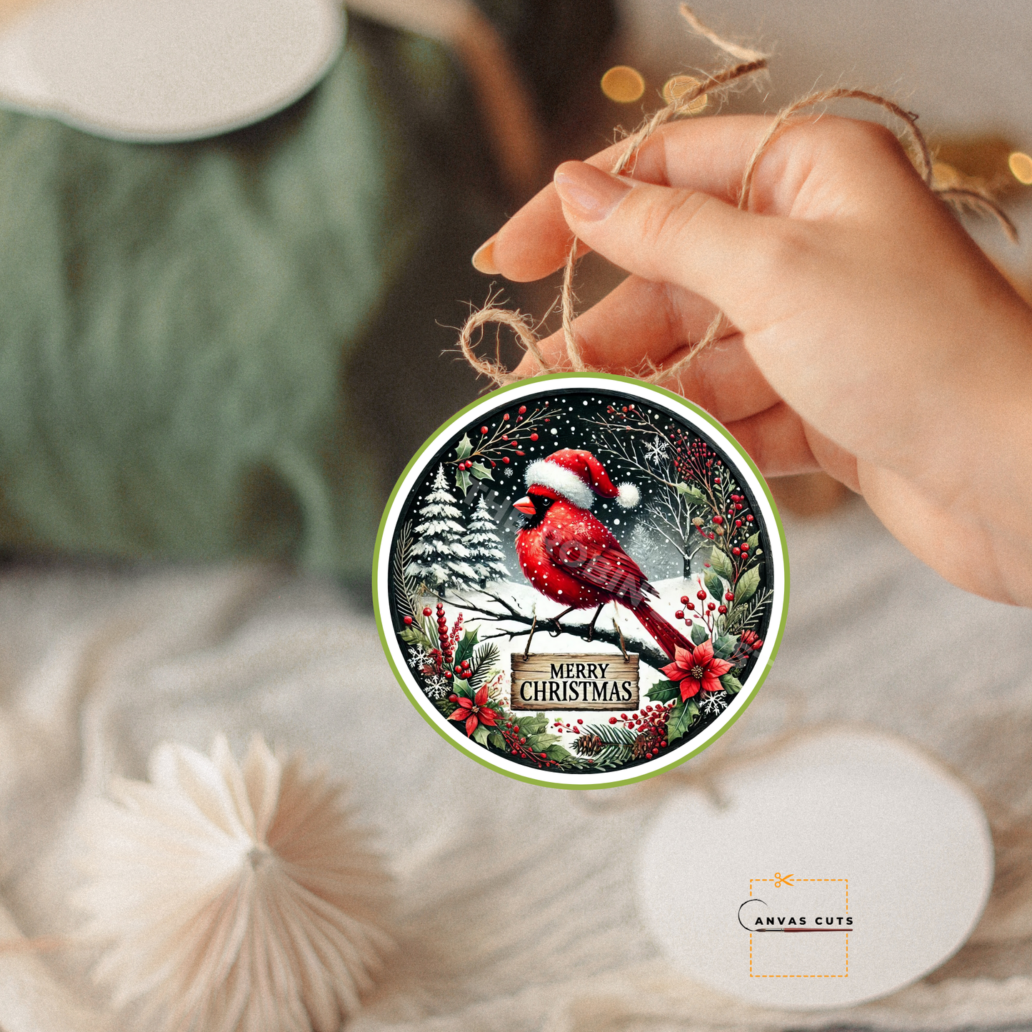 Circle Shape Red Cardinal in a Santa Hat with “Merry Christmas” Canvas Cut