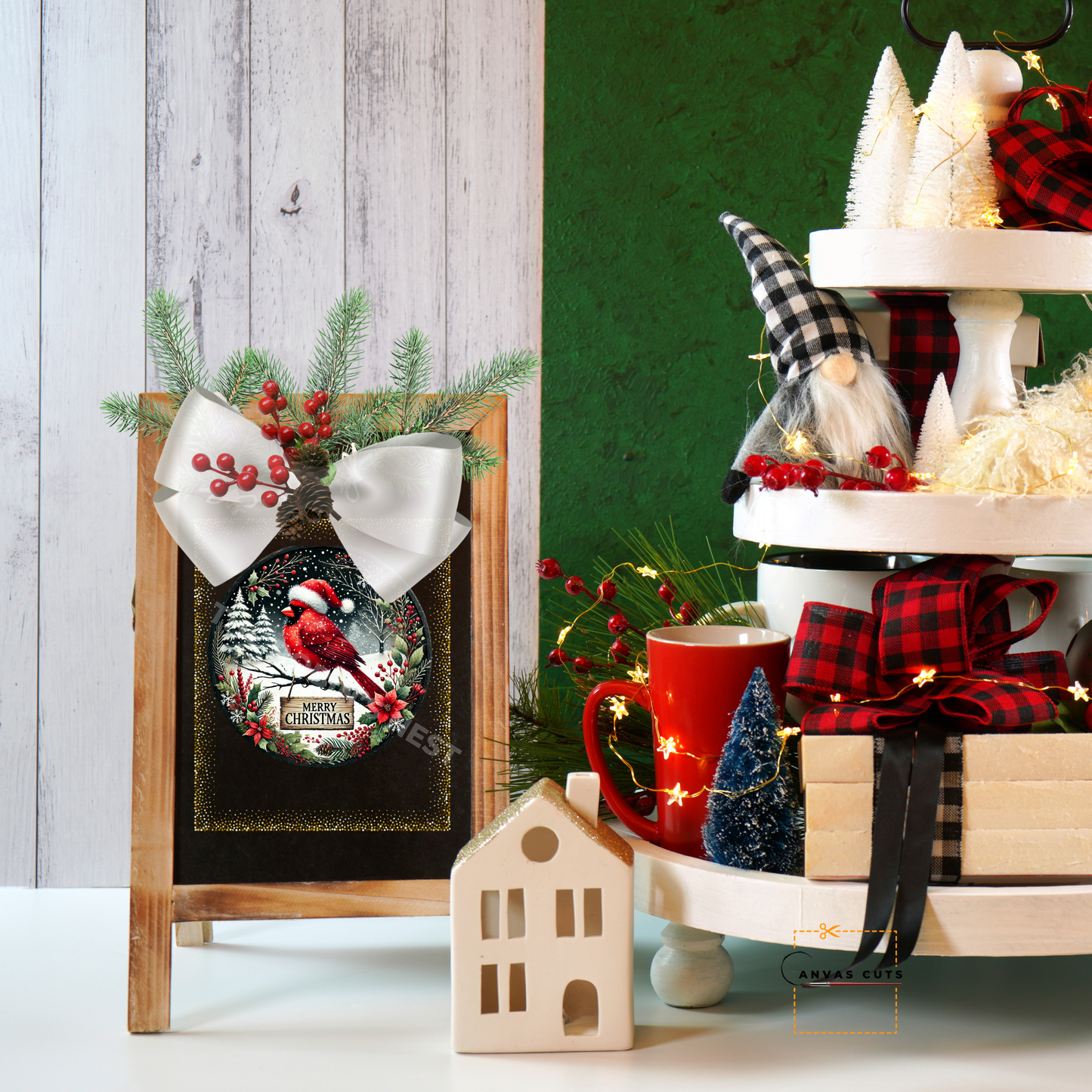 Circle Shape Red Cardinal in a Santa Hat with “Merry Christmas” Canvas Cut