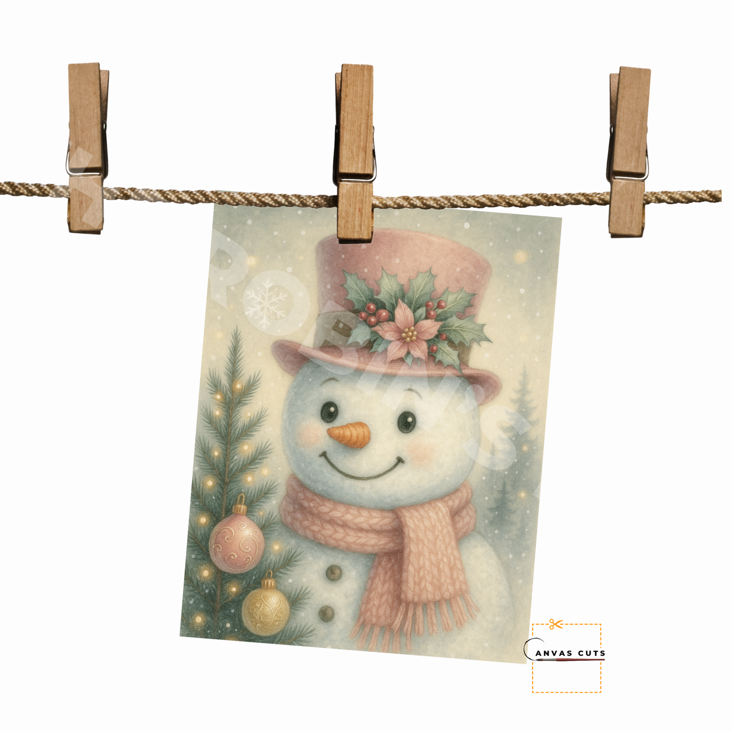 Snowman with Pastel Pink Top Hat & Candy Cane