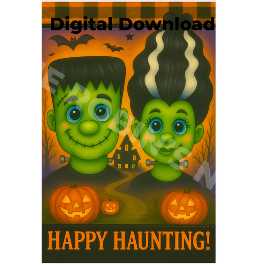 “Happy Haunting” Mr & Mrs Frankenstein Printable Design | PDF & PNG