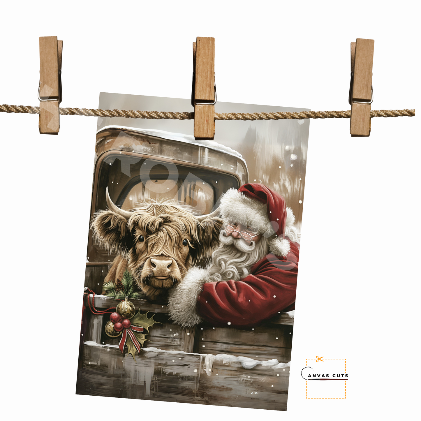Santa and Highland Cow Christmas Craft Canvas for Signs & Door Hangers
