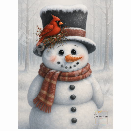 Traditional Snowman with Cardinal on Hat • Canvas Cut for Rustic Holiday Décor