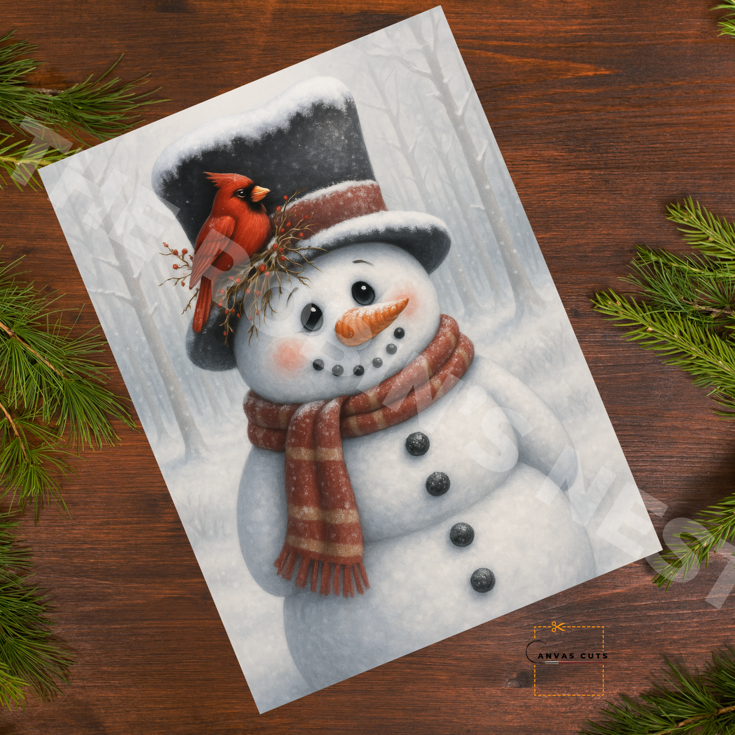 Traditional Snowman with Cardinal on Hat • Canvas Cut for Rustic Holiday Décor