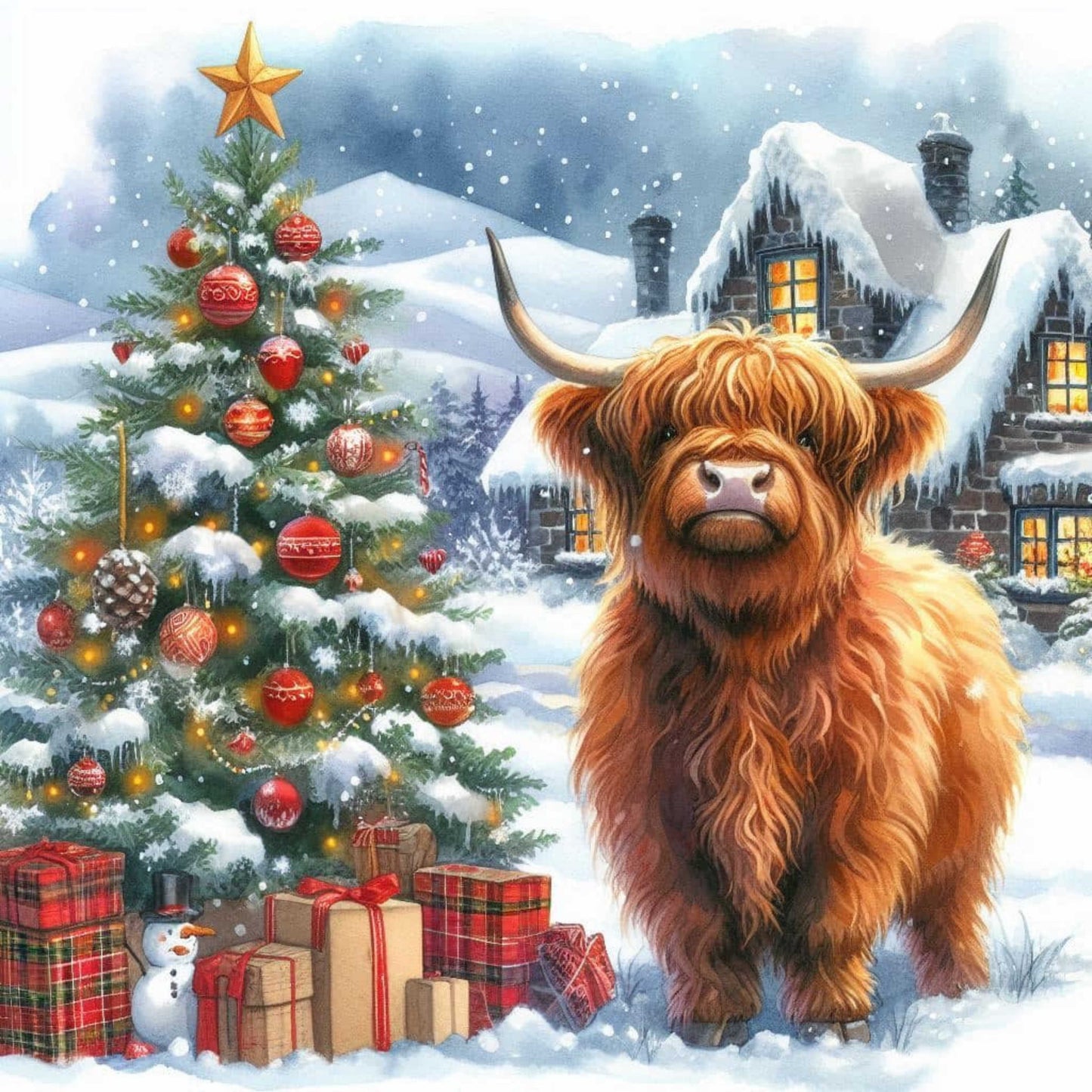 Highland Cow by Christmas Tree Canvas
