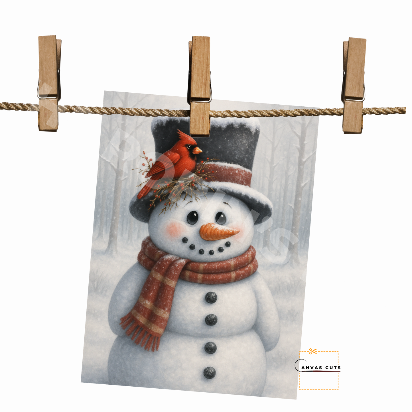 Traditional Snowman with Cardinal on Hat • Canvas Cut for Rustic Holiday Décor