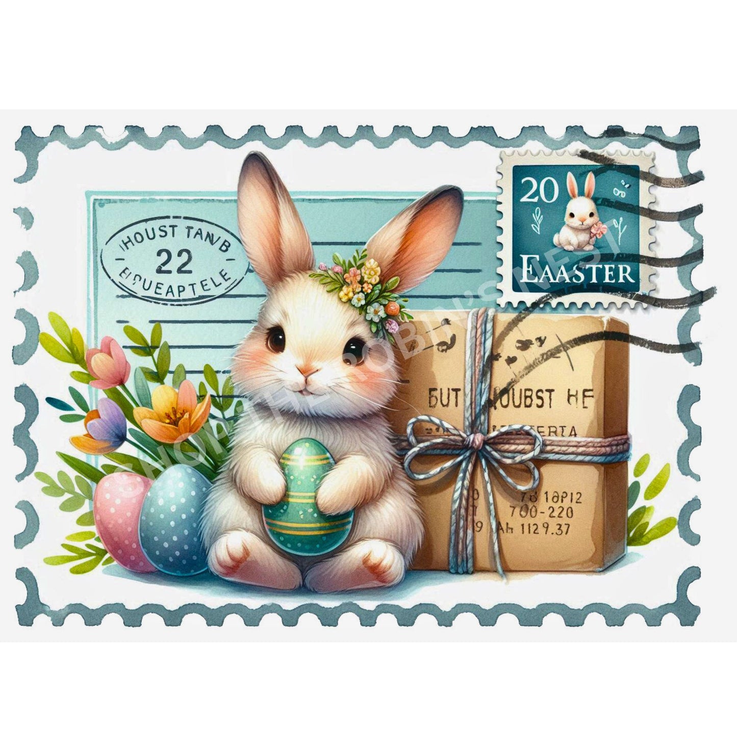 Easter Rabbit Postcard with Eggs Fabric Canvas