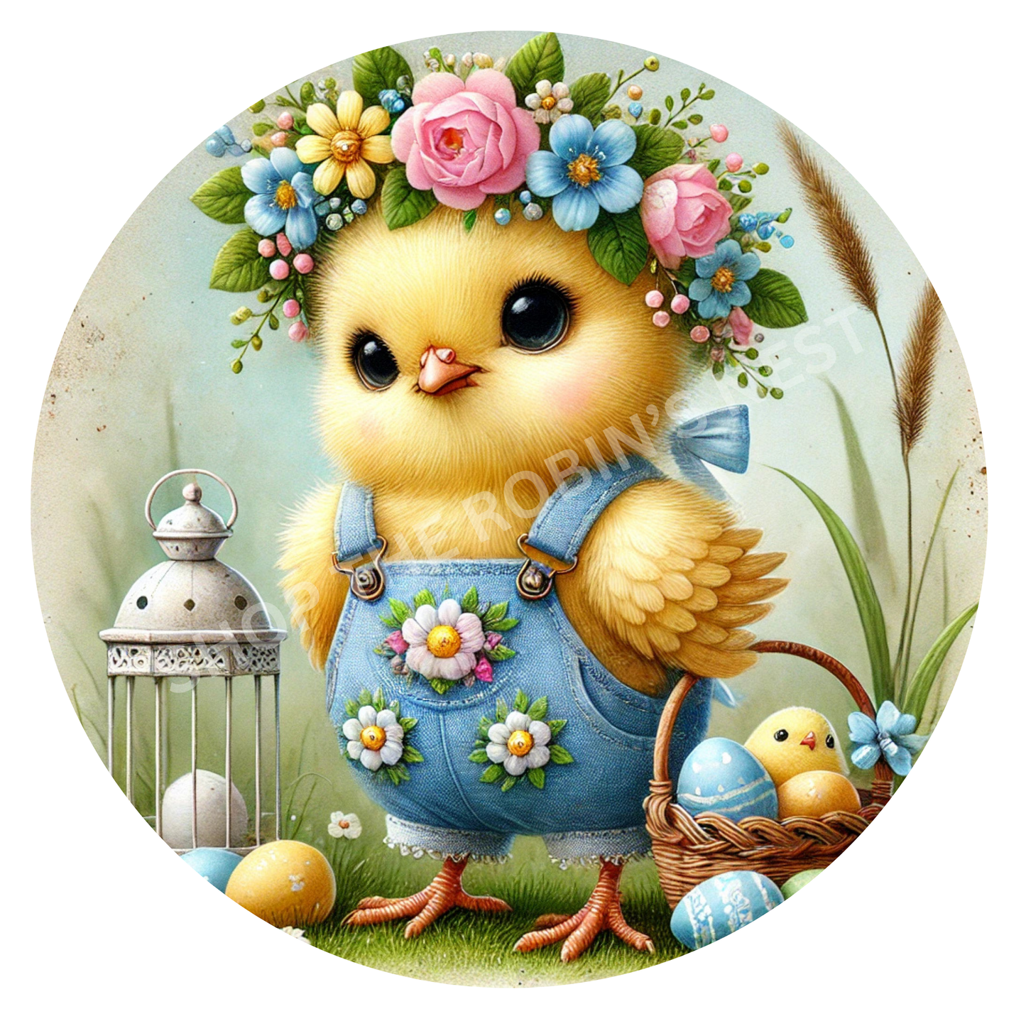 Easter Chick in Overalls Round Wreath Sign Fabric Canvas
