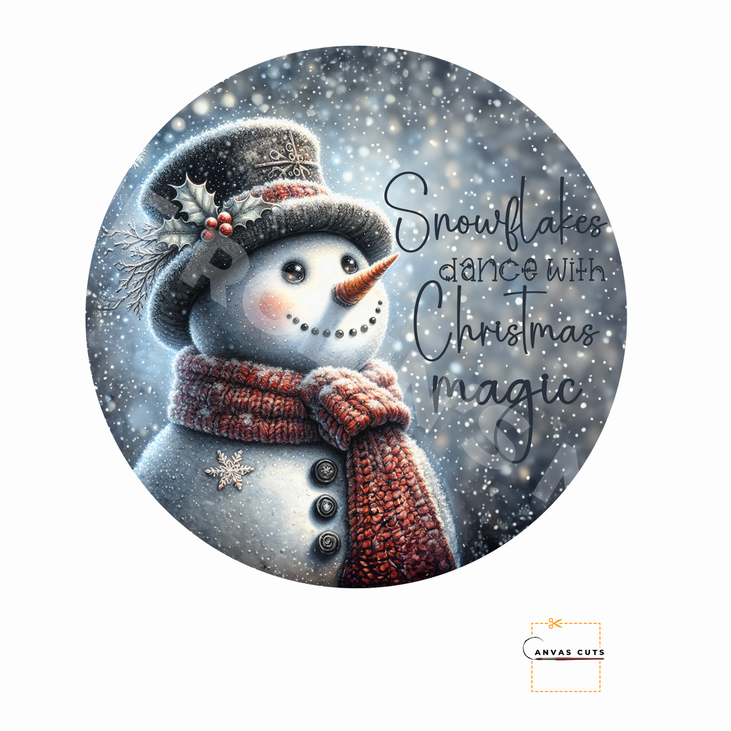 Circle Shape Snowman with “Snowflakes Dance with Christmas Magic”