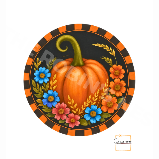 Pumpkin with Blue & Orange Flowers – Fall Craft Canvas with Orange & Black Border for Door Hangers & Signs
