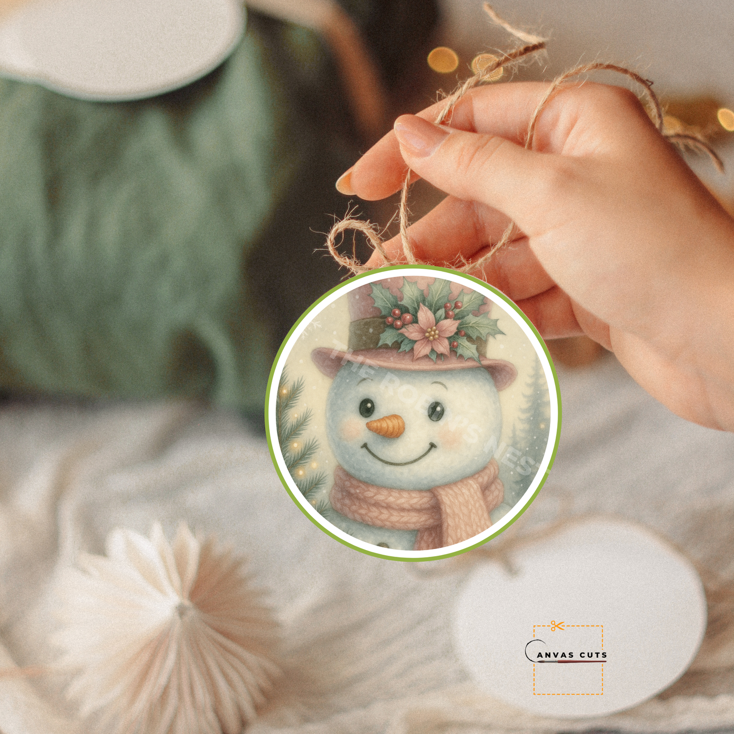 Snowman with Pastel Pink Top Hat & Candy Cane