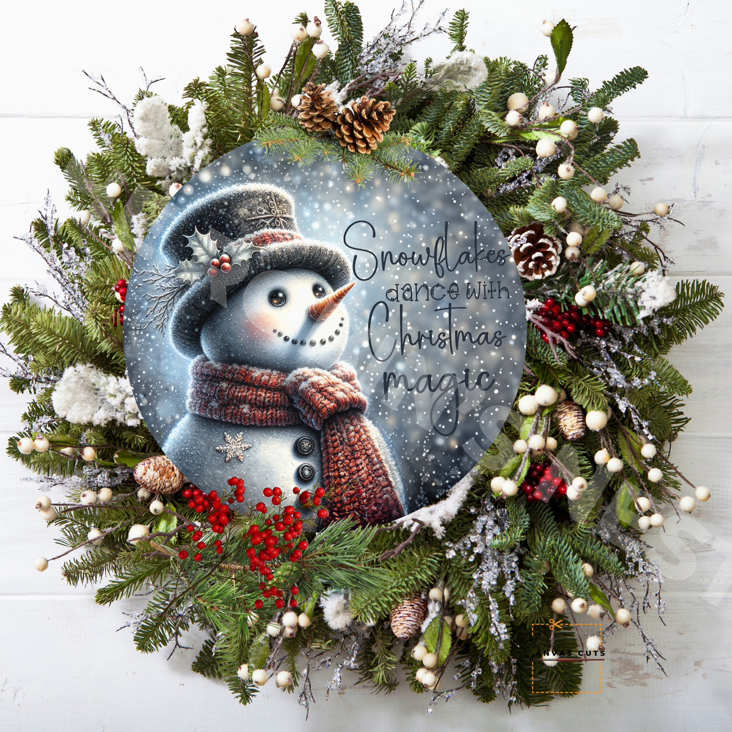 Circle Shape Snowman with “Snowflakes Dance with Christmas Magic”