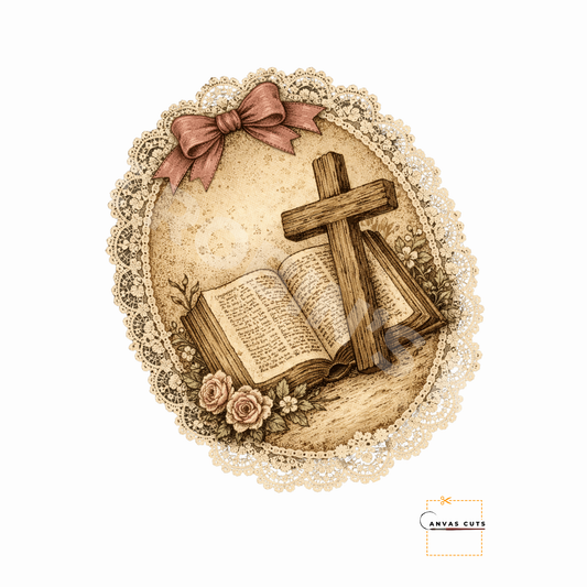 Doily Cross Bible Canvas Cut – Faith Easter Oval Design