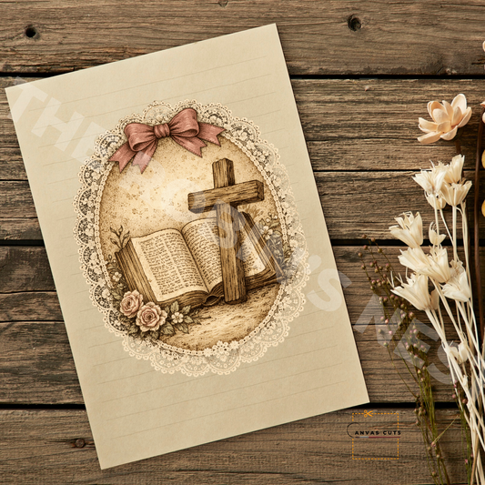 Doily Cross Bible Canvas Cut – Faith Easter Oval Design