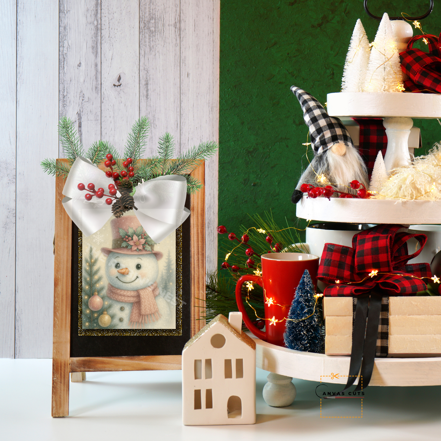 Snowman with Pastel Pink Top Hat & Candy Cane