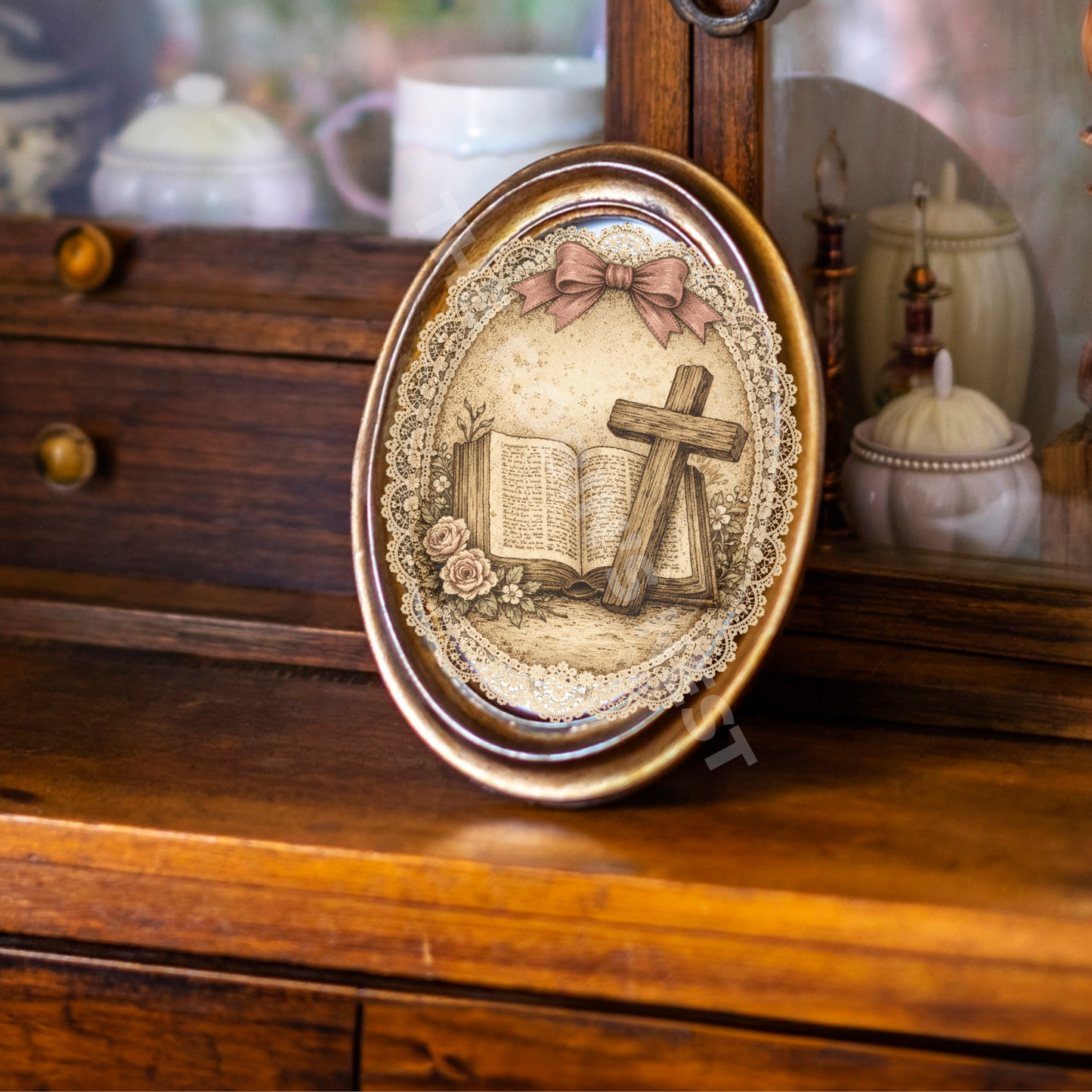 Doily Cross Bible Canvas Cut – Faith Easter Oval Design