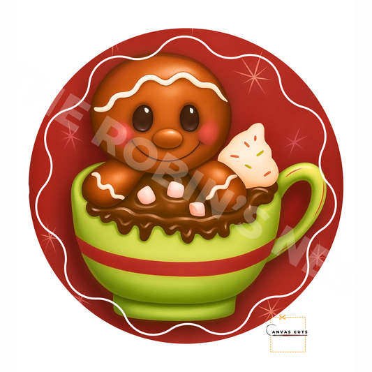 Gingerbread in Hot Cocoa Cup (Circle Shaped) Personalizeable Printed Fine Art Canvas for DIY Crafting, Home Décor & Craft Shows