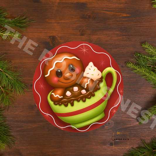 Gingerbread in Hot Cocoa Cup (Circle Shaped) Personalizeable Printed Fine Art Canvas for DIY Crafting, Home Décor & Craft Shows