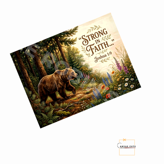 Strong in Faith Joshua 1:9 Bear Canvas – Rustic Design