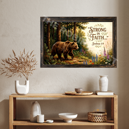 Strong in Faith Joshua 1:9 Bear Canvas – Rustic Design
