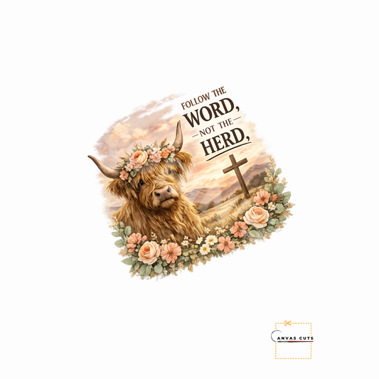 Follow the Word Not the Herd Highland Cow Canvas Cut