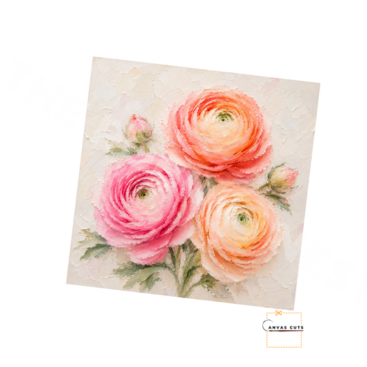 Pink & Peach Ranunculus Canvas Cut | Textured Floral Fine Art Print