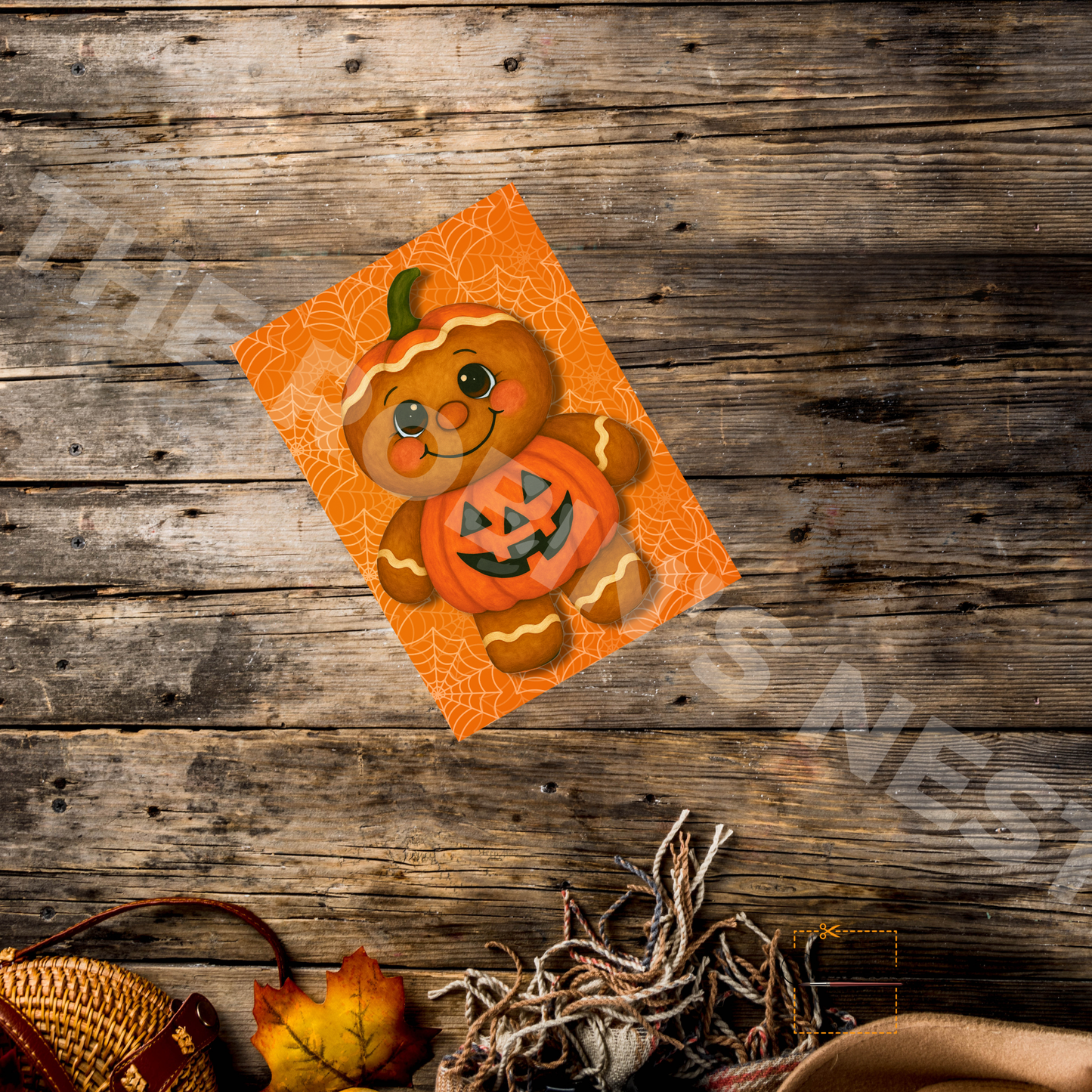 Pumpkin Pie the Gingerbread Man with Orange Spider Background