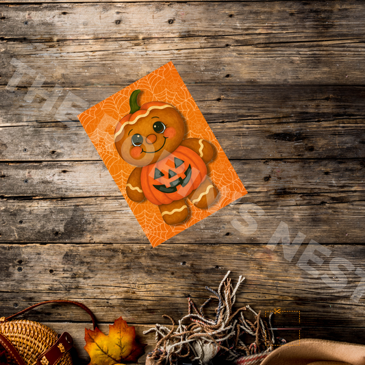 Pumpkin Pie the Gingerbread Man with Orange Spider Background