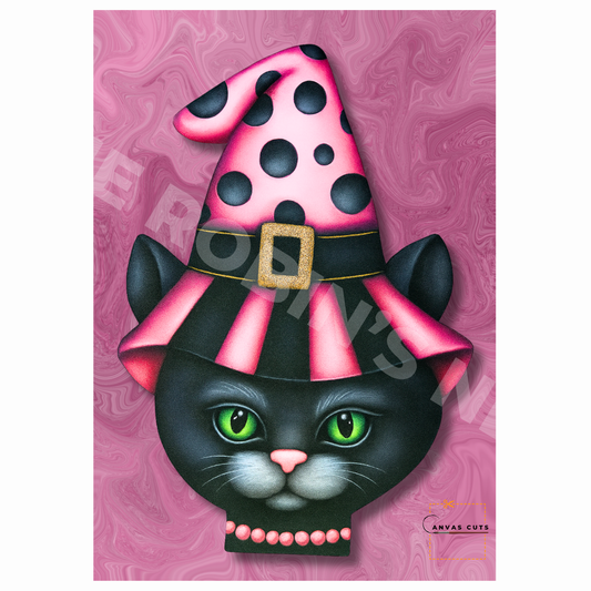 Esmeralda the Black Cat with Pink Witch’s Hat – Personalizeable Printed Fine Art Canvas for DIY Crafting, Halloween Décor & Craft Shows