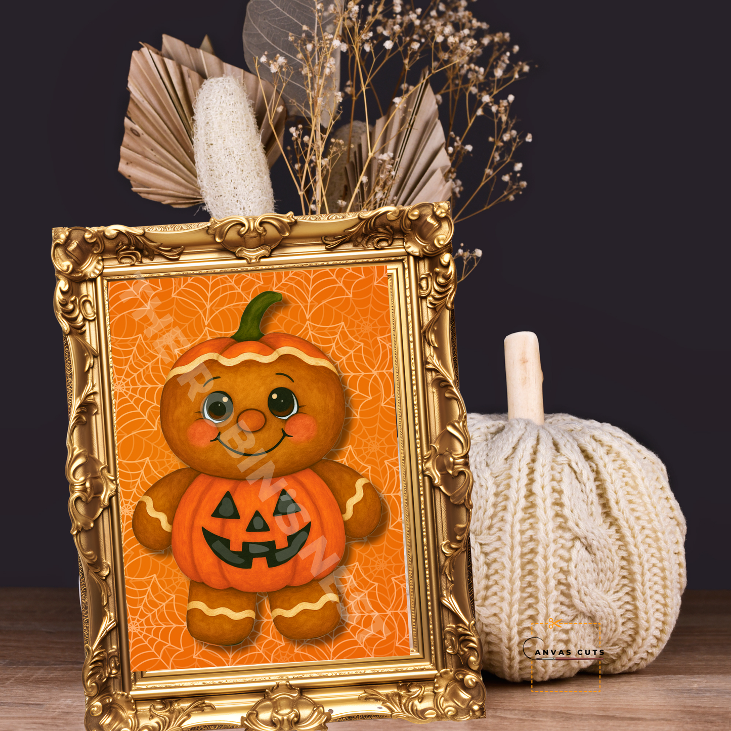 Pumpkin Pie the Gingerbread Man with Orange Spider Background