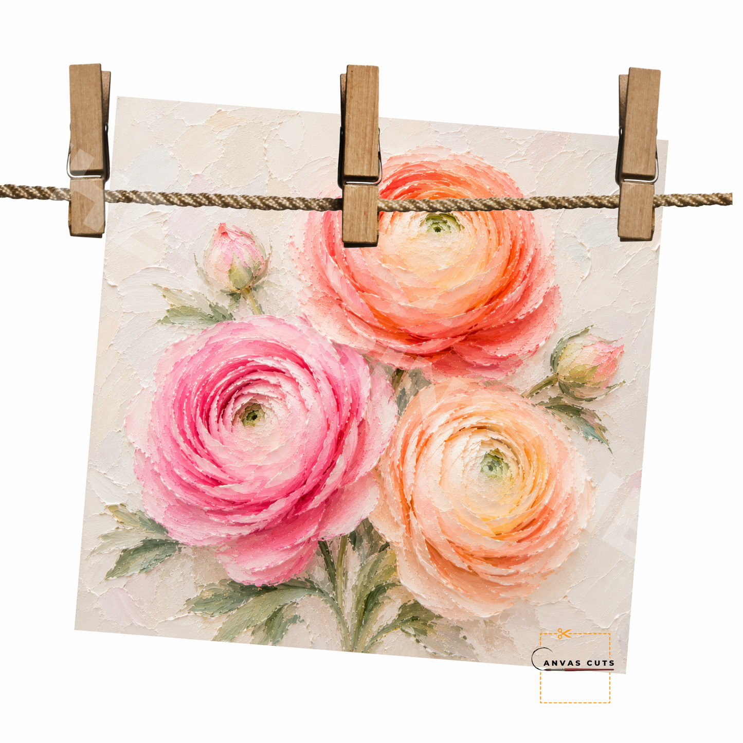 Pink & Peach Ranunculus Canvas Cut | Textured Floral Fine Art Print