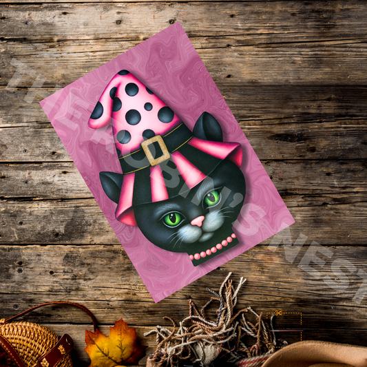 Esmeralda the Black Cat with Pink Witch’s Hat – Personalizeable Printed Fine Art Canvas for DIY Crafting, Halloween Décor & Craft Shows
