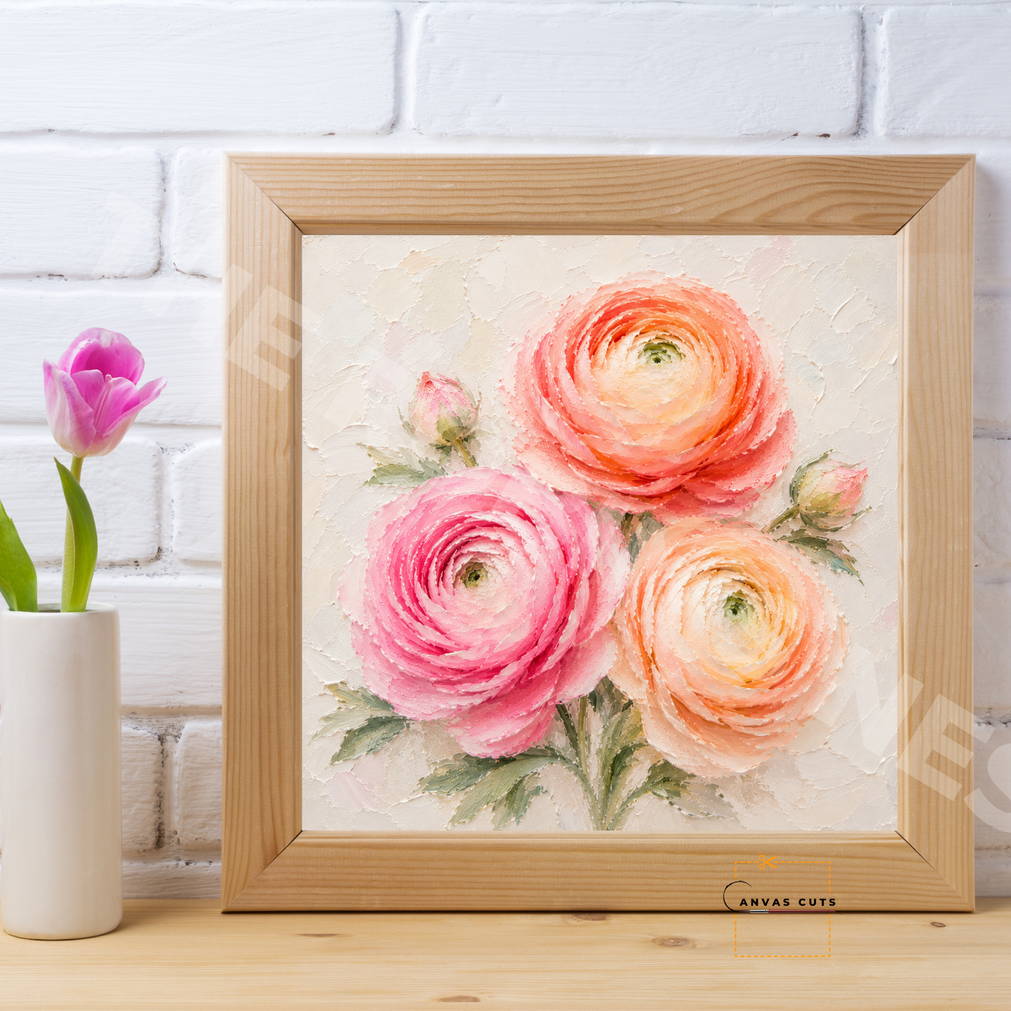 Pink & Peach Ranunculus Canvas Cut | Textured Floral Fine Art Print