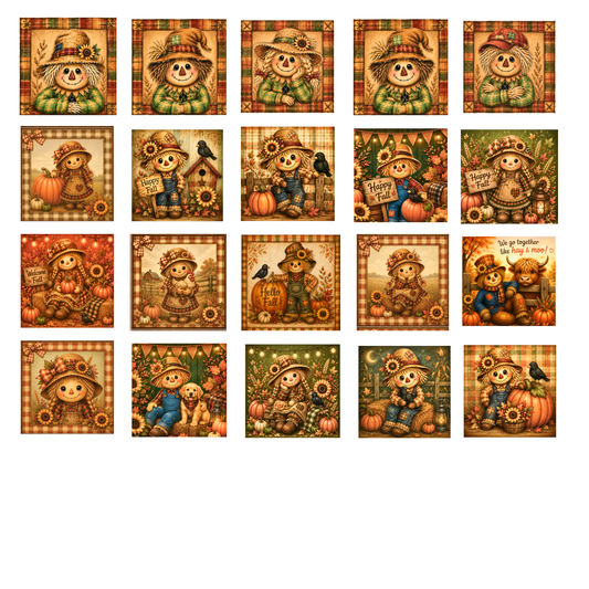 Fall Scarecrow Canvas Bundle  20 - 4x4" DIY Canvas Cuts | Primitive Autumn Pumpkin Designs