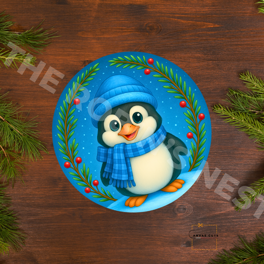 Penguin with Holly Berries – Christmas Craft Canvas for Door Hangers, Wreaths & Holiday Signs
