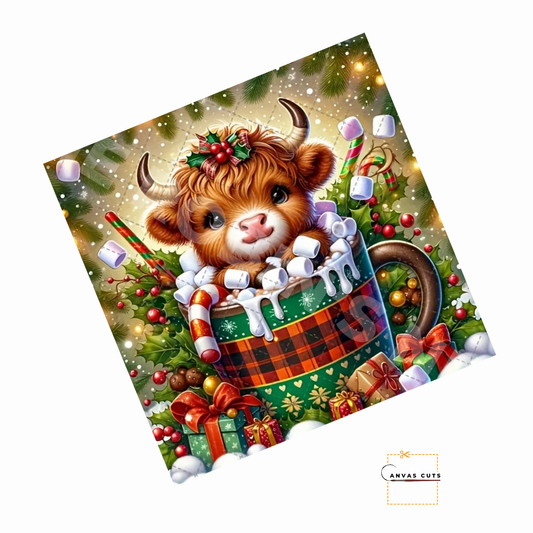 Highland Christmas Cow Personalizeable Printed Fine Art Canvas for DIY Crafting, Home Décor & Craft Shows