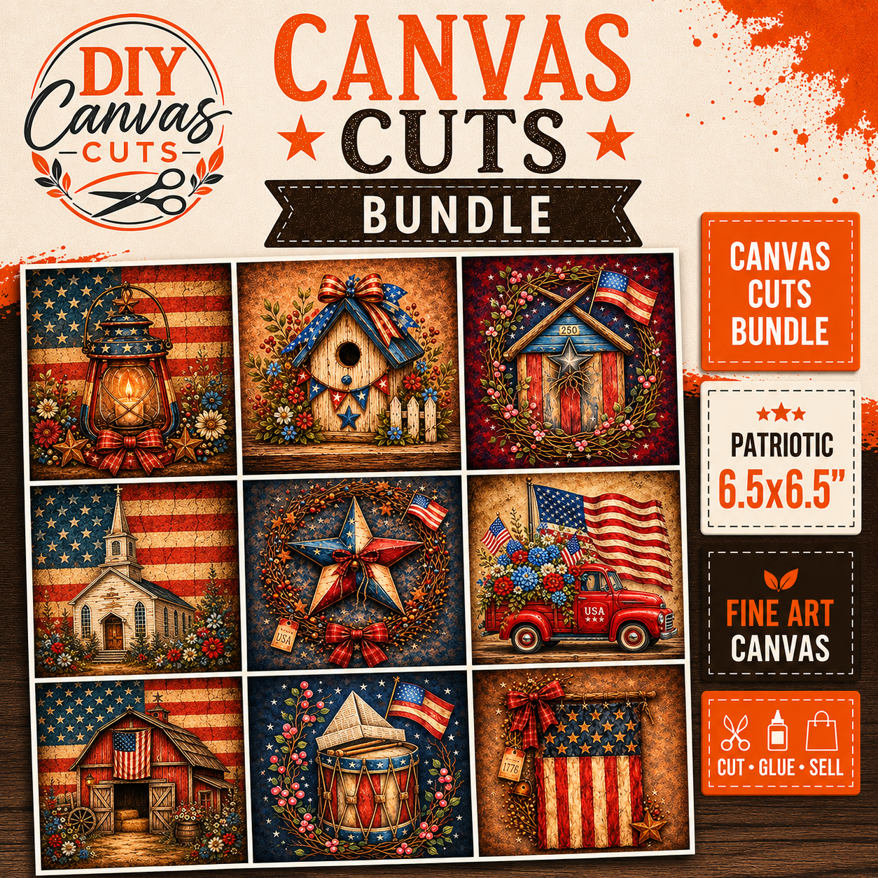 Primitive Americana 6.5x6.5" Canvas Bundle for DIY Patriotic Decor | Craft Show & Farmhouse Designs
