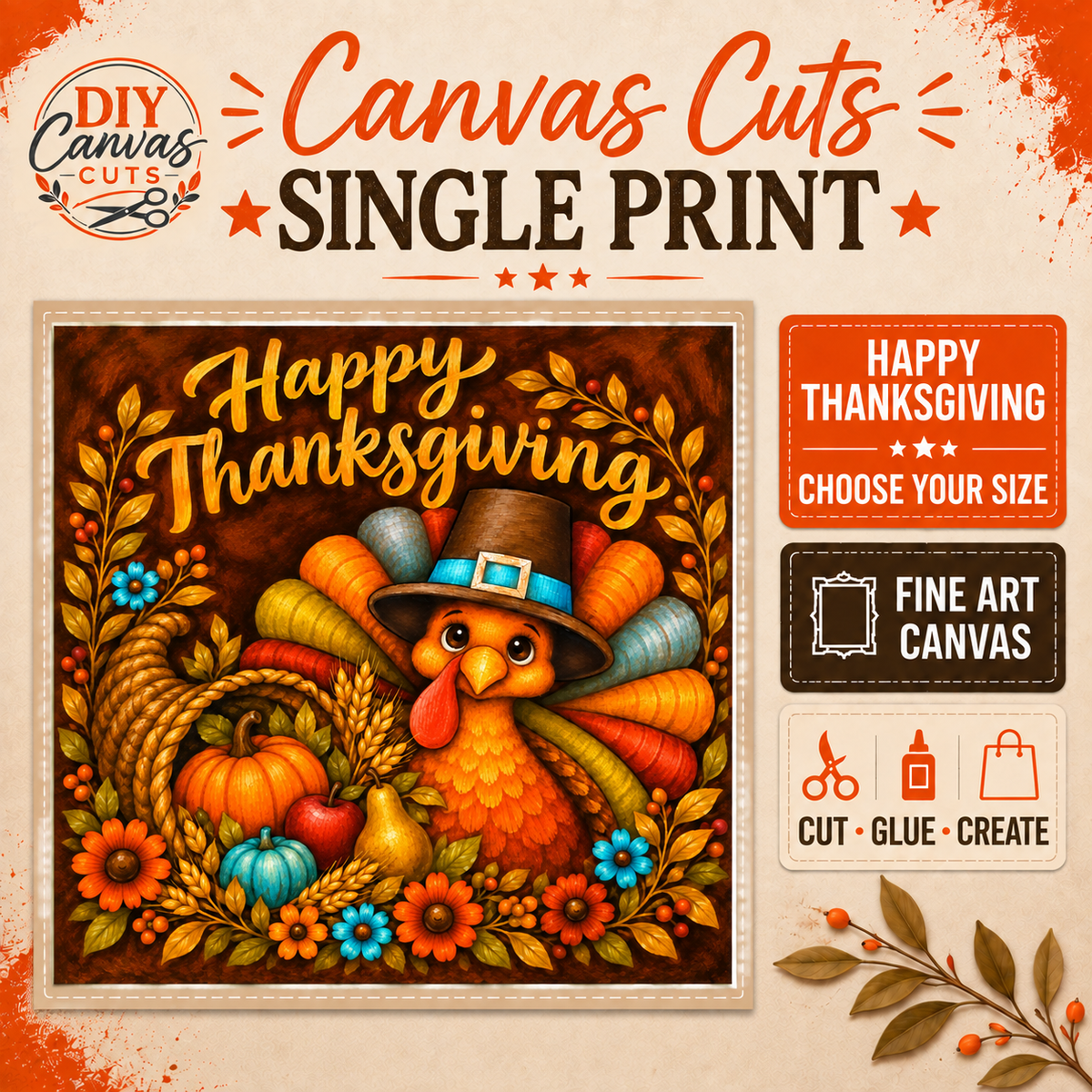 Happy Thanksgiving Turkey – Square DIY Canvas Print.