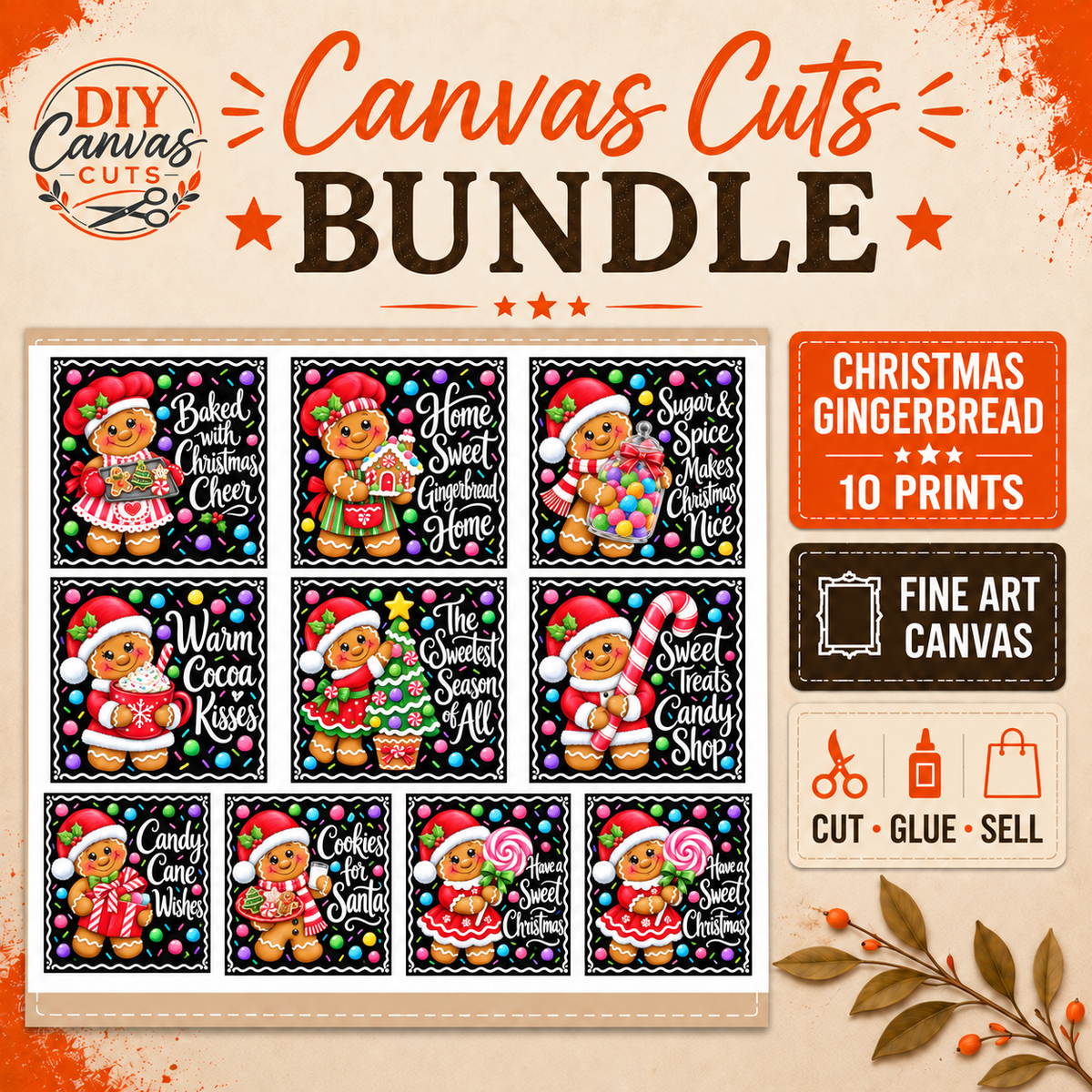 Christmas Gingerbread Candy Canvas - Mini Bundle - 10 4x4" Prints