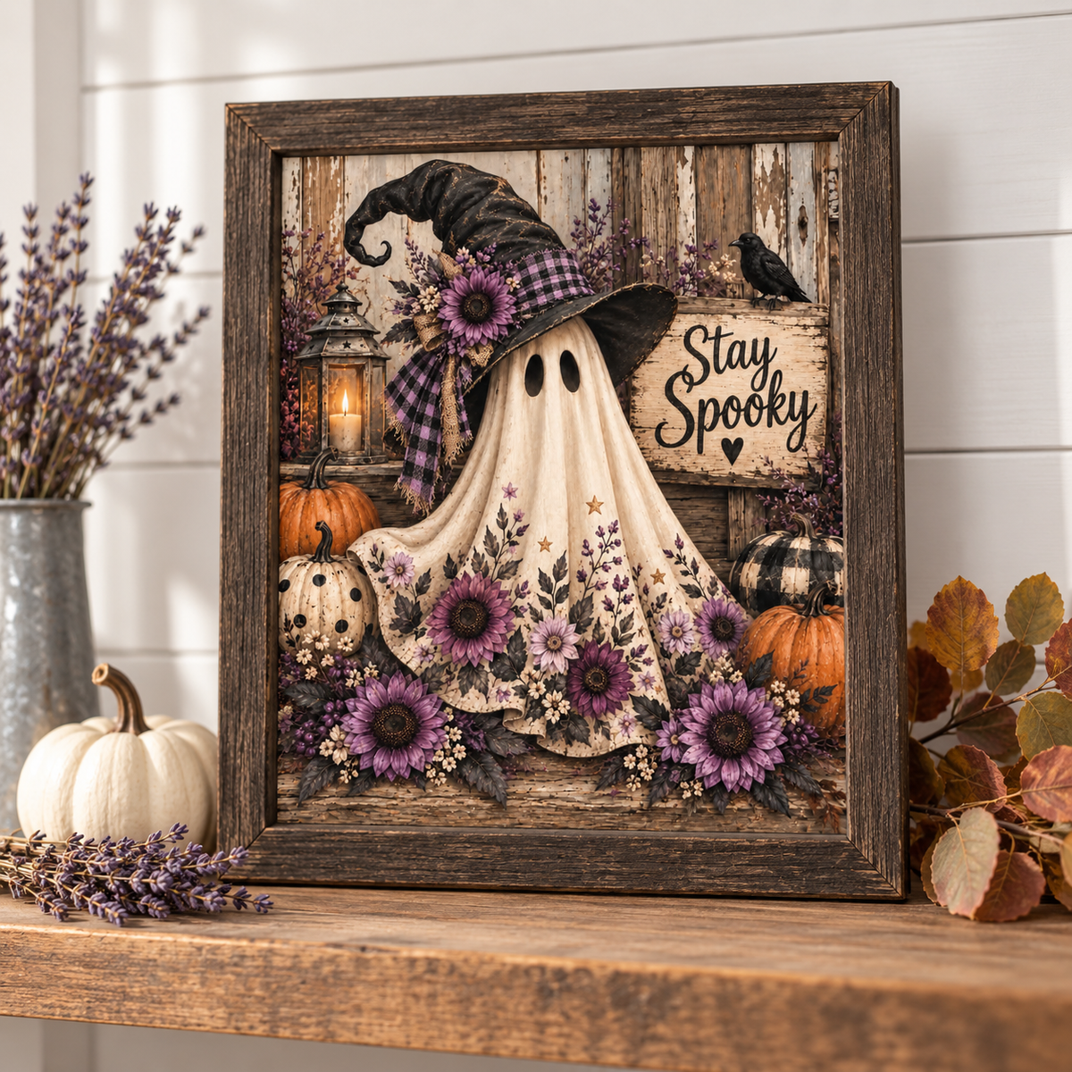 Halloween Purple Floral Ghost Stay Spooky Printed Canvas - Perfect for Framing (Frame not Included)