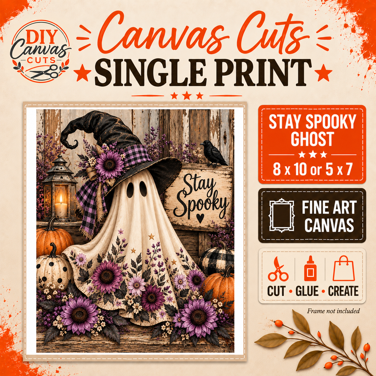 Halloween Purple Floral Ghost Stay Spooky Printed Canvas - Perfect for Framing (Frame not Included)