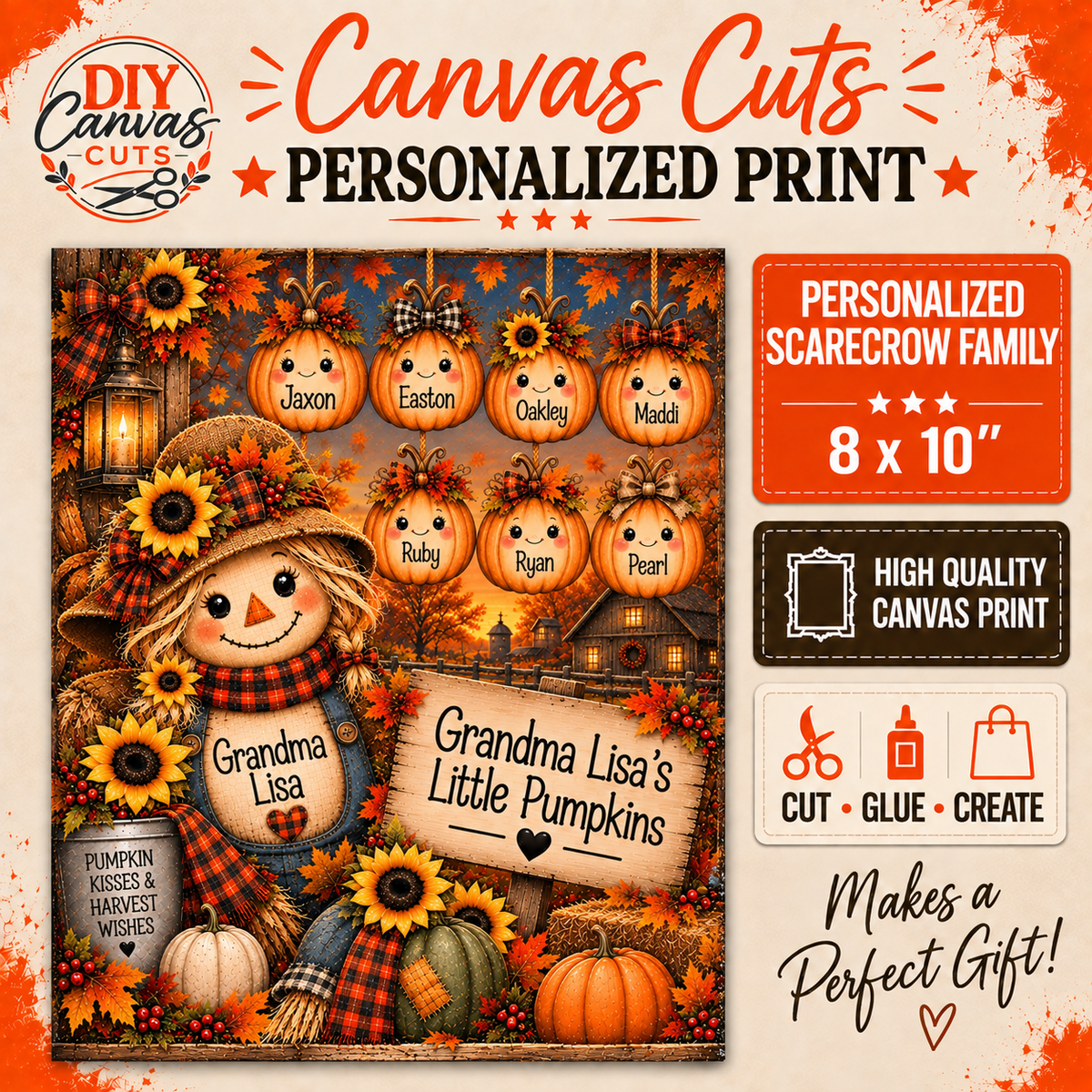 Personalized Scarecrow & Pumpkin 8x10 Personalized Fine Art Canvas Fall Autumn Decor