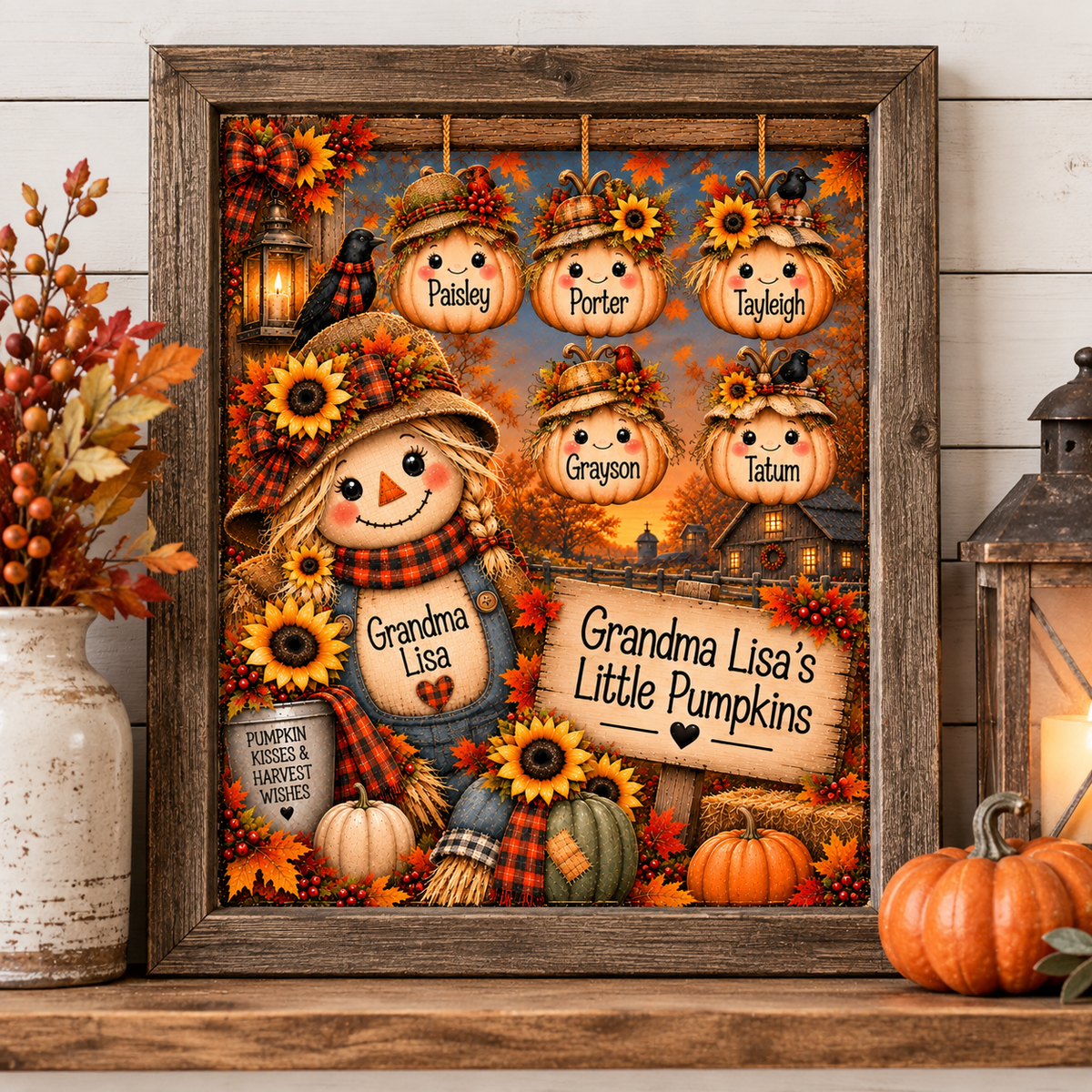 Personalized Scarecrow & Pumpkin 8x10 Personalized Fine Art Canvas Fall Autumn Decor