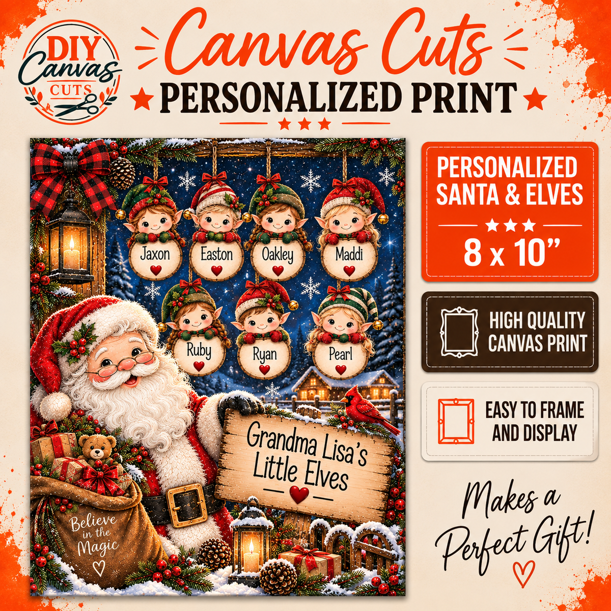 Personalized Christmas Santa & elves Family Grandma Mom Canvas – 8x10"