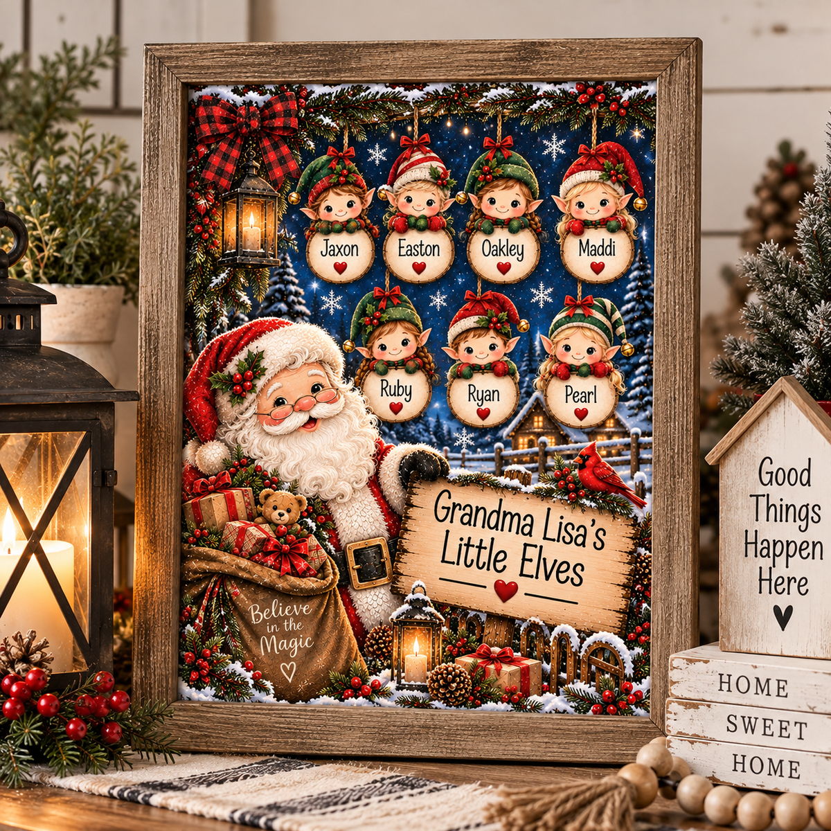 Personalized Christmas Santa & elves Family Grandma Mom Canvas – 8x10"