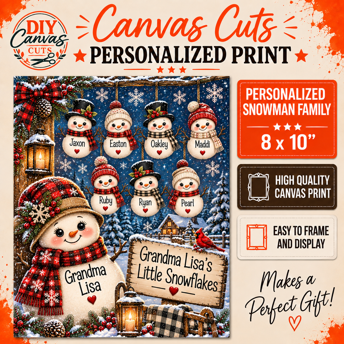 Personalized Snowman  Family Grandma Mom Canvas – 8x10"