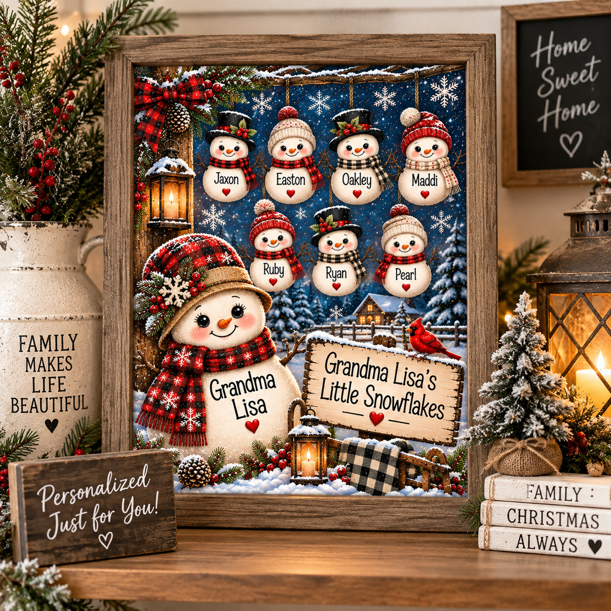 Personalized Snowman  Family Grandma Mom Canvas – 8x10"